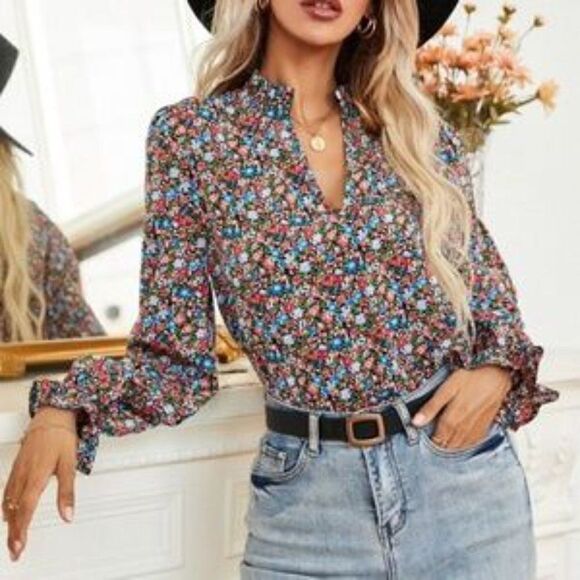 Boho Blue Pink Floral Ruffle Puff Sleeve Top - Picture 7 of 12